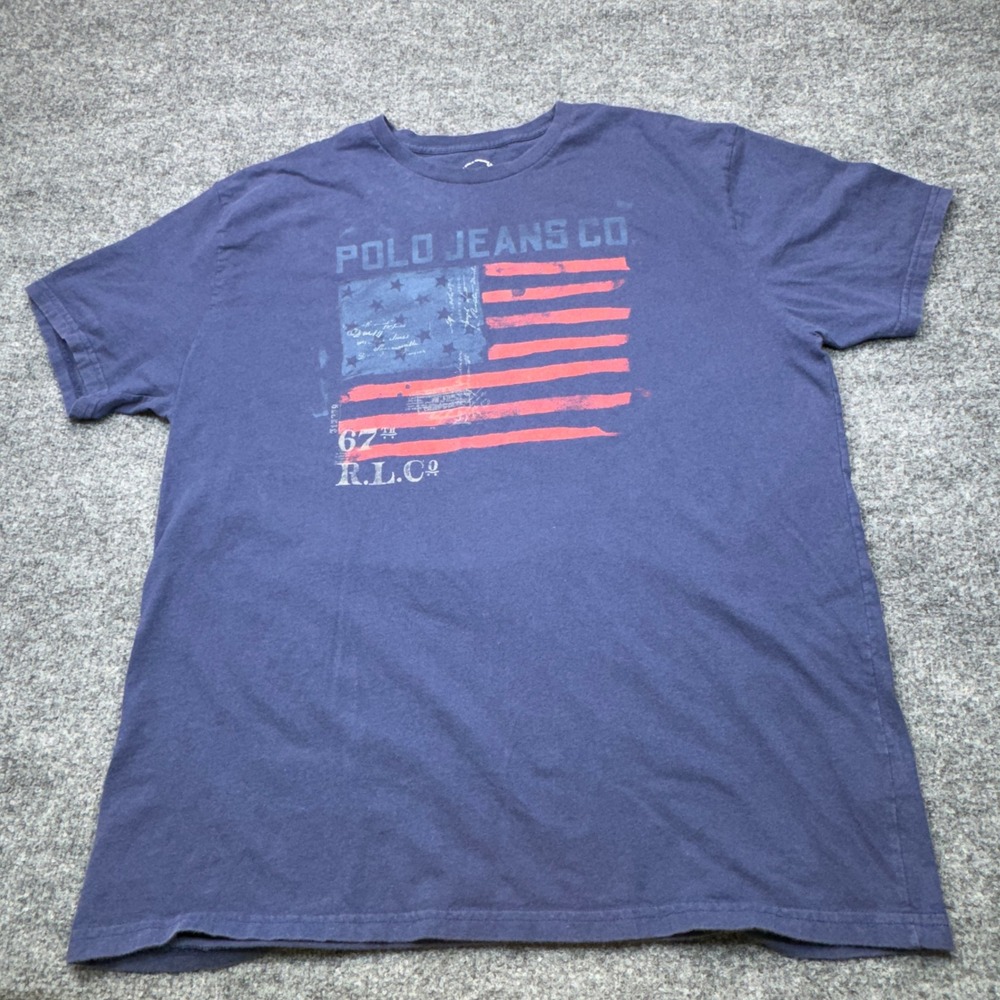 Polo Jeans Co Ralph Lauren Mens Large Blue USA Flag Graphic T-Shirt Vintage